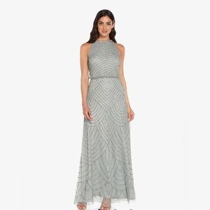 Adrianna Papell ART DECO BEADED BLOUSON DRESS WITH HALTER NECKLINE IN BLUE MIST